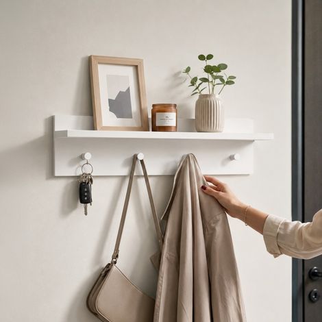 The White Stone Porte-manteau mural compact 4 crochets avec étagère - patère murale entrée moderne gain de place - 80x15x23 cm (1/5)