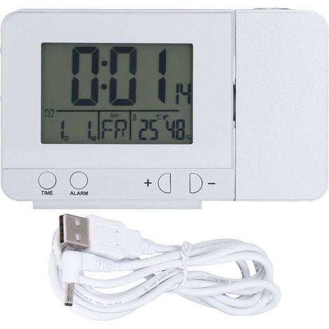 Projektionswecker, digitales Radiowecker mit 180° drehbarem Deckenprojektor, Wetterstation, drahtlosem Thermometer, doppelter Schlummerfunktion, USB-Handyladegerät, 4 Lichtmodi