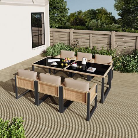 Polyrattan-Esstisch- und Stuhlset, Gartenmöbel, 6-Personen-Garten-Essgruppe mit Sesseln, abnehmbare und waschbare Stoffbezüge