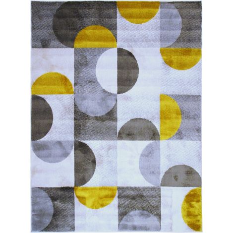 MODERN - Tapis motifs arcs de cercle et carrés gris, jaune et crème 133x170 (1/5)
