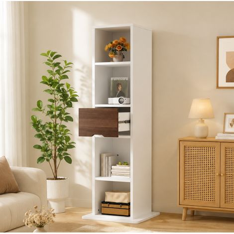 Vitrina giratoria con espejo de cuerpo entero (45x45x168 cm), estantes abiertos, cajón oculto, MDF blanco (1/5)
