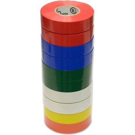 Paquete de 10 cintas aislantes eléctricas – Longitud 20 m, ancho 19 mm – Colores surtidos para proyectos técnicos
