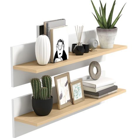 Set of 2 floating wall shelves, wall shelf, display shelf, for kitchen, living room, white and natural wood (1/5)