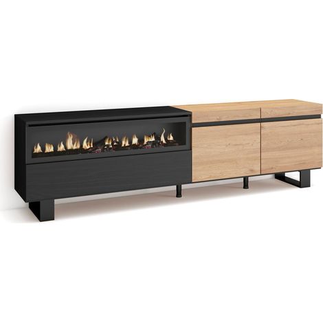 Skraut Home - Mueble TV, Televisión, Muebles de salón, almacenaje, 200x57x35cm, Para TV hasta 80", Chimenea eléctrica, Diseño industrial, Estilo Moderno, Roble y negro (1/5)