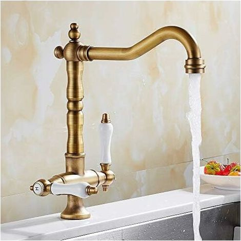 Robinet mitigeur traditionnel pour évier de cuisine en laiton massif avec double poignée Bronze antique (Antique) (1/4)