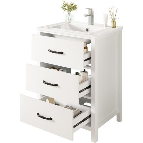 CHICFURN Mueble de lavabo 61 x 47 x 83 cm de MDF blanco con lavabo cerámico y 3 cajones (1/5)