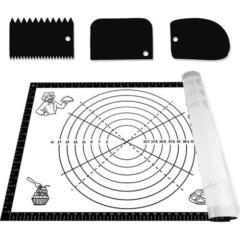 Tapis Patisserie pour Étaler la Pate,70 x 50cm Tapis de Cuisson Silicone Antidérapant avec 3 Grattoirs,Mesurable Silicone Patisserie Accessoire Reutilisable Anti-Adhésif pour Biscuits, Pain, Fondant (1/5)