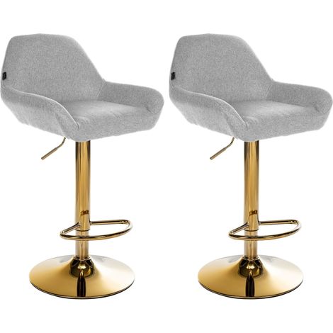 Juego de 2 taburetes de bar con reposapiés en forma de arco en metal dorado, asiento de tela gris TDB10794