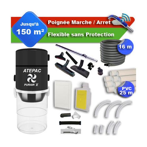 Aspirateur central PURAIR V garantie 5 ans + flexible rétractable 16 m + poignée marche/arrêt + 7 accessoires + kit 1 prise RETRAFLEX + kit prise balai (rayon d'action 150 m2) (1/5)