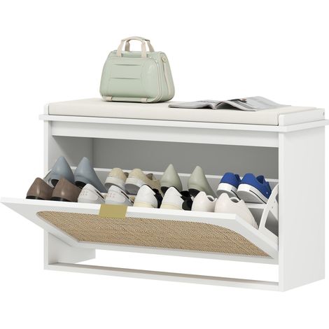 Banc à chaussures d'entrée 80 x 26 x 47.5 cm assise rembourrée pratique rangement 8 paires scandinave épuré en MDF blanc (1/5)