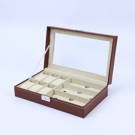 Boîte de rangement en PU marron pour 6 montres et 3 verres, boîte de rangement bijoux et montres avec fenêtre transparente et serrure en métal, boîte de rangement combinée pour accessoires de maison (1/5)