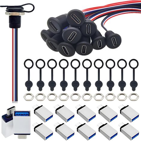 Typ-C-Einbaukabel, weiblicher Chassis-Stecker mit wasserdichter Abdeckung und 4-adrigem Anschlusskabel, OTG-Adapter, für Datenübertragung und Laden (10 Sets)