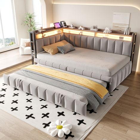 Lit gigogne 90x200 velours gris clair avec LED USB-c et rangements (1/5)
