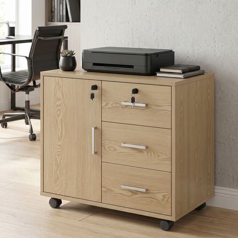 Caisson bureau meuble de rangement verrouillable avec 3 tiroirs et étagère réglable, roulettes, 40 x 60 x 56 cm, marron clair (1/5)