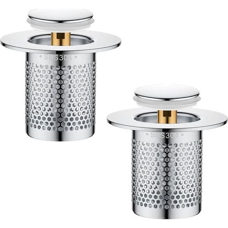 Lot de 2 crépines de vidange en acier inoxydable pour évier de cuisine, bouchon de vidange escamotable avec filtre à cheveux, filtre de sol en acier inoxydable pour salle de bain et baignoire (1/5)