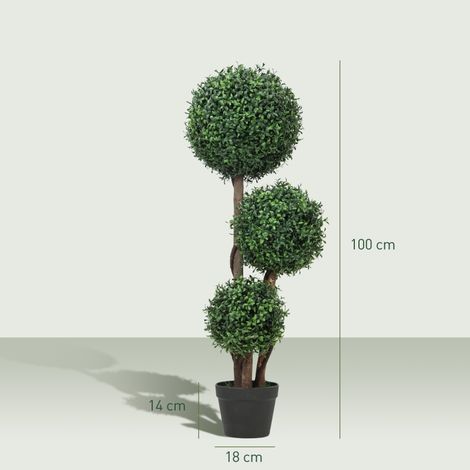Boule de Buis Artificielle 100 cm – 3 Branches Sphériques, Tige Bois, Pot Inclus – Vert (1/5)