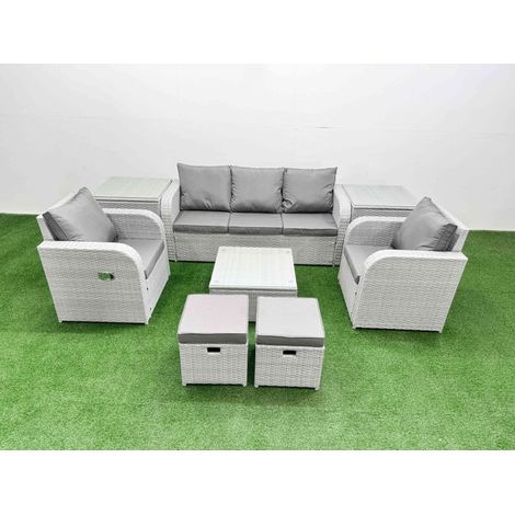 Fimous PE Rattan Garden Furniture Set Reclining Chair Sofa Lounge Sofa Set Square Coffee Table 2 Side Table 2 Small Stools Light Grey (1/4)