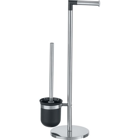 WENKO Stand WC-Garnitur Parus Edelstahl glänzend, 2in1 Kombination aus glänzendem Edelstahl, Silber glänzend, Edelstahl rostfrei glänzend, Kunststoff schwarz