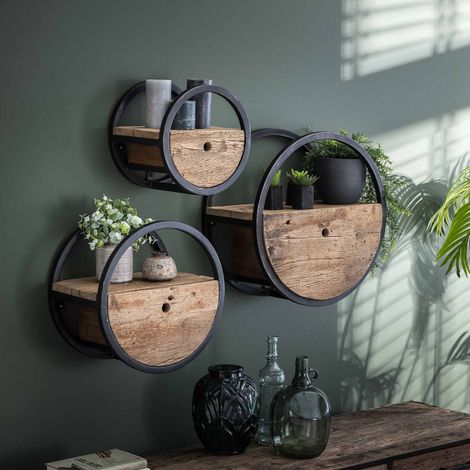 Lot de 3 étagères murales rondes 30, 40 et 50 cm en bois brut - ROUND (1/3)