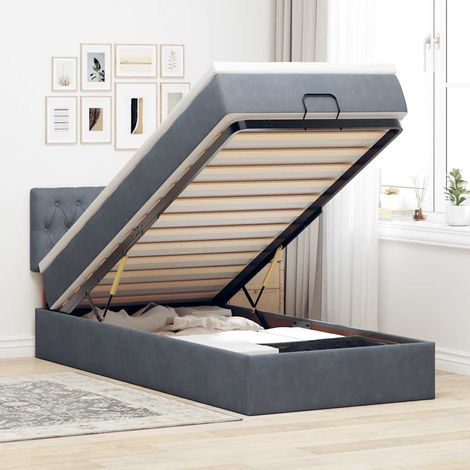 Cadre de lit ottoman avec matelas et surmatelas - Gris foncé - Velours polyester - Mécanisme hydraulique - 90x200 cm (1/4)
