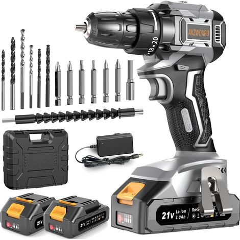 Perceuse Visseuse Sans Fil 21V, Brushless Visseuse Devisseuse avec 2 Batteries 2.0Ah, 45N.m Percussion, 20+1 Réglages de Couple, 14 Accessoires, 2 Vitesses, pour la Bricolage, Gris (1/5)