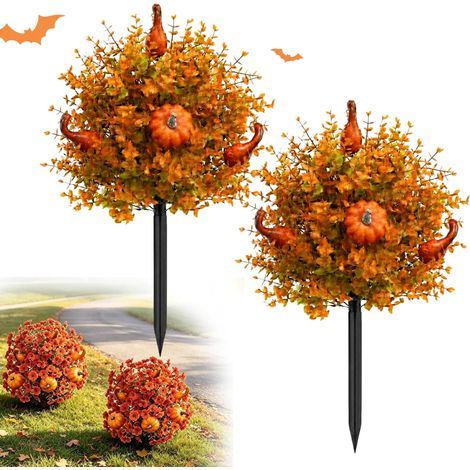 Topiario artificial otoñal con forma de calabaza, con hojas de eucalipto naranja, calabazas decorativas y estacas para instalación en exteriores. (1/5)