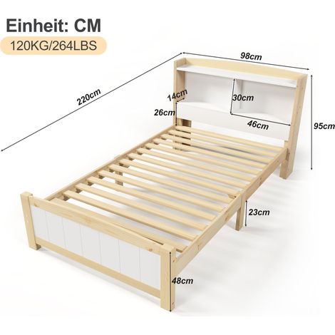 Cadre de lit en pin massif naturel et blanc, 90x200 cm avec sommier à lattes intégré, tête de lit spacieuse pour rangement, structure robuste (sans matelas ni tiroirs)