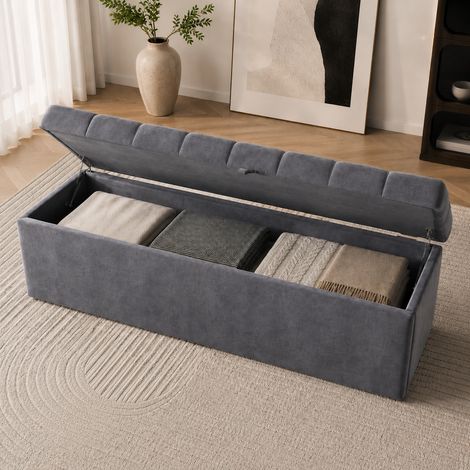 Banc recouvert de velours, assise rembourrée, tabouret de lit, banc avec rangement, gris 138 x 41 x 42 cm (1/5)