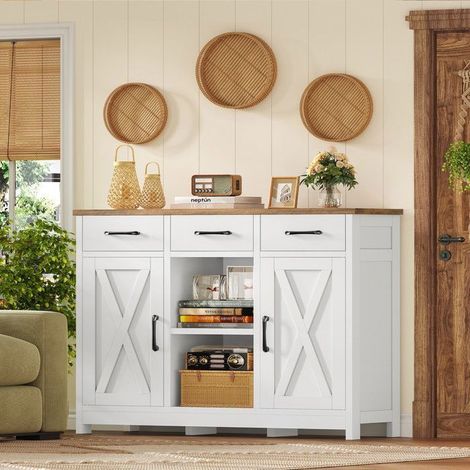 FIONLINE Buffet en Bois Blanc - 90x30x80cm - Buffet bahut - Buffet ave 3 tiroirs et 2 portes - Blanc et brun (1/5)