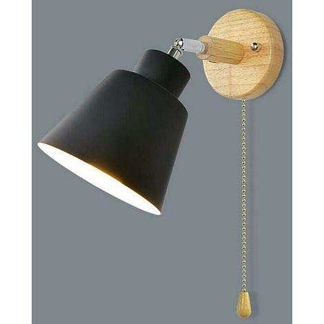 Applique murale avec interrupteur à tirette, rotation libre à 350°, lampe de chevet rétro moderne, applique murale en bois E27, applique d'intérieur adaptée au salon et à la chambre (noir) (1/4)