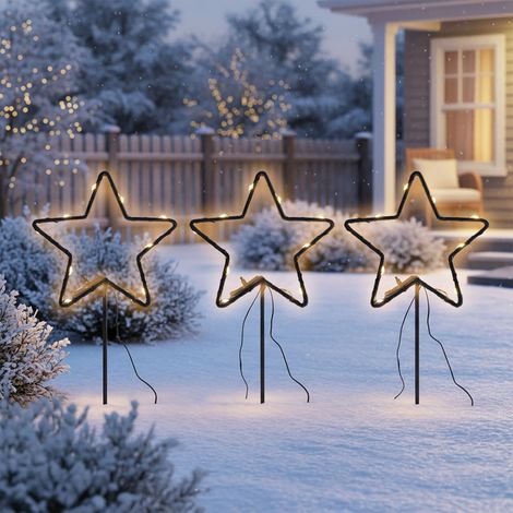 Metall Leuchtstern Gartenstecker 3er Set schwarz 30 LED mit Timer - 21 cm - Weihnachts Beetstecker soft gold beleuchtet mit Erdspieß batteriebetrieben