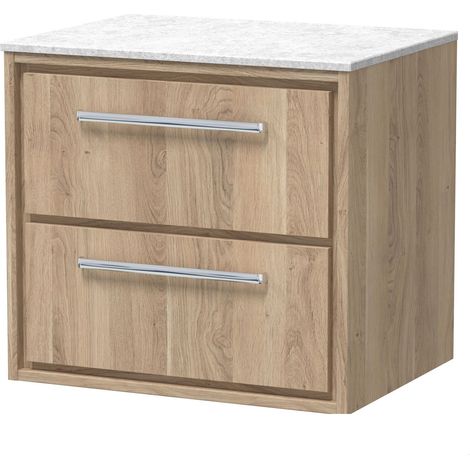 Longnor 2 Drawer Wall Hung Vanity Unit with White Marble Worktop, Light Oak, 600mm