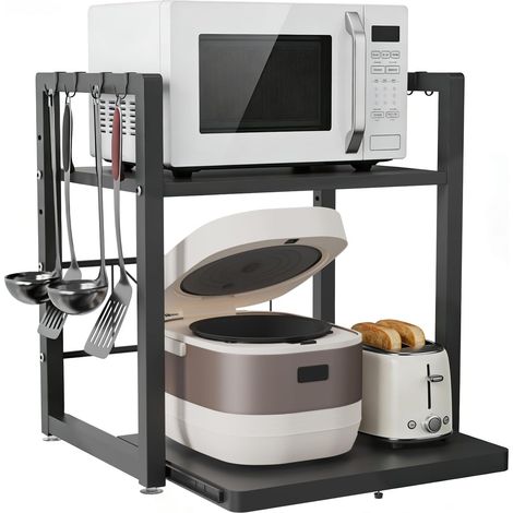 Etagere Micro Onde 2 Niveaux, Support Micro Onde avec Tiroir Organisateur, Hauteur Réglable 37/55CM, 6 Crochets, Etagere de Cuisine Rangement en Acier au Carbone, Noir (1/5)