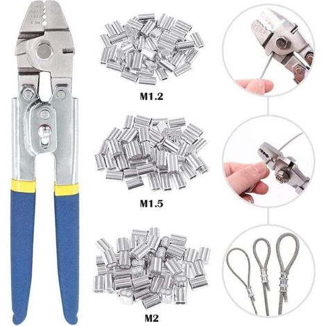Outil de sertissage pour câble métallique jusqu'à 2,2 mm avec 150 manchons de sertissage double barillet en aluminium de 3 tailles