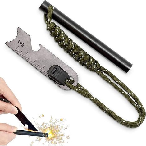 Pierre a Feu Kit 7 en 1, Allume Feu Survie, Pierre à Feu Kit en Magnésium, Silex Allume Feu Diamètre 10mm, Silex de Survie avec Grattoir Multi Outils pour Camping, Randonnée, Kit de Survie