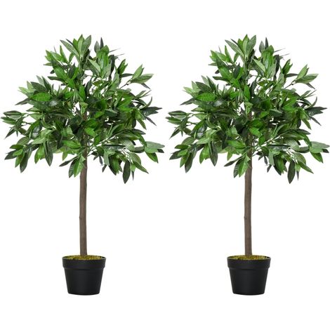 Artificial Bay Laurel Topiary Trees w/ Pot Fake, Set Of 2 90cm/3FT Indoor Greenery Plant Home Office Garden Decor Green (1/5)