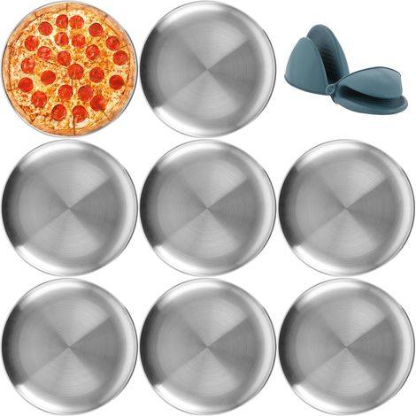 Lot de 8 Plaque à Pizza Ronde 30cm en Acier Inoxydable – Moule à Pizza sans Revêtement – Plat à Four pour Pizza Maison, Tarte et BBQ – Avec 1 Gant en Sili (1/5)