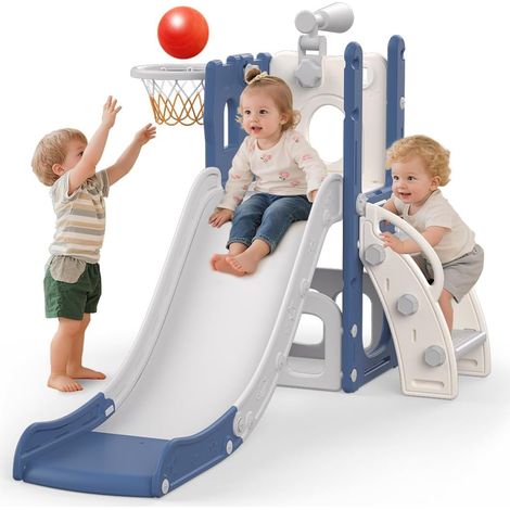 Children's Slide, 5 in 1 Indoor Outdoor Slide, Children's Playground with Basketball Basket, Storage and Telescope, Children's Playground for Ages 1 and up, Blue (1/5)