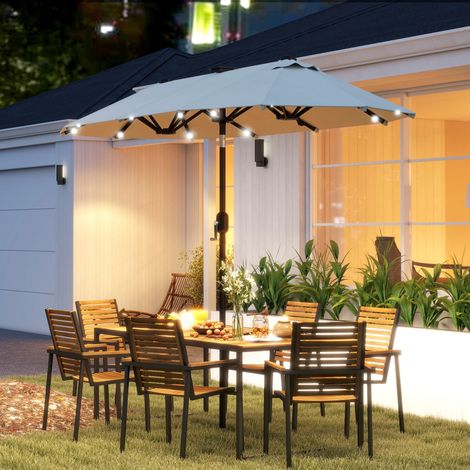 Doppelsonnenschirm mit LED-Beleuchtung und Kurbel, Polyester und Stahl, 2,92 x 1,5 x 2,2 m, Beige