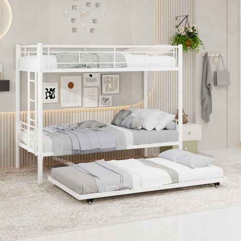 Lit superposé triple moderne 90x190 cm, structure robuste et silencieuse avec barrières de sécurité, idéal pour chambres d'enfants ou dortoirs (matelas non inclus) (1/5)