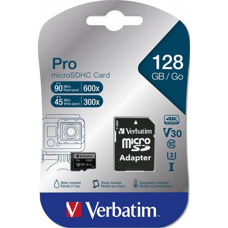Carte MicroSD VERBATIM Pro, U3, 4K, 128 Go
