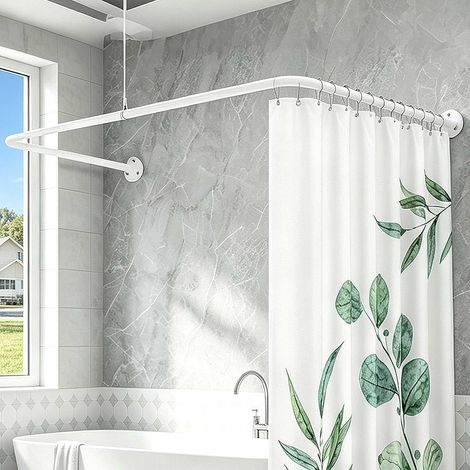 Tringle à rideau de douche en forme de U 2 en 1 réglable pour baignoire 60-135 cm, côté U 77-197 cm, base en L, côté L 60-174 cm, en acier inoxydable, stable jusqu'à 16 kg, avec accessoires