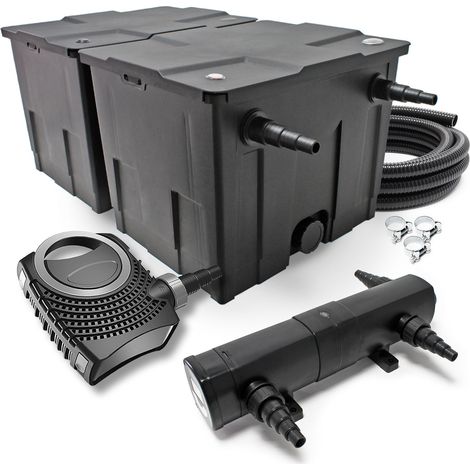 SunSun Komplettset: CBF-350B Teichfilter bis 60000 L Teichfilteranlage Durchlauffilter, NEO10000 Teichpumpe 10000l/h 80W, CUV-224 Teichklärer 24W, 10m Teichschlauch 38 mm, Schlauchschellen W1 44-47mm