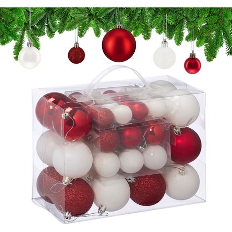 Relaxdays Palline di Natale, 50 Palle Albero, Addobbi Natalizi, Opache, Lucide e Glitter, ∅ 3, 4 e 6 cm, Bianco Rosso