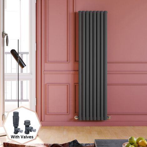 ELEGANT 1800 x 480 mm Anthracite Vertical Column Radiator Double Oval Panel Designer Bathroom Radiator + Anthracite Thermostatic Radiator Valves (1/5)