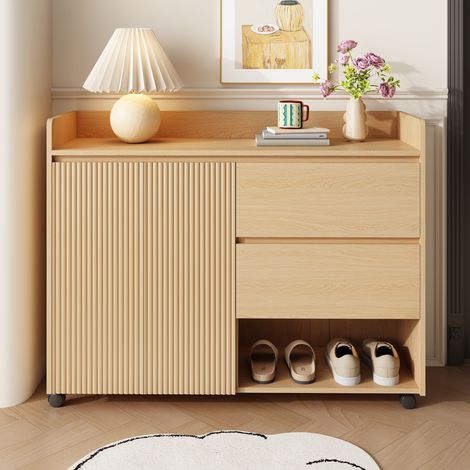 Armoire à chaussures roulante avec roues pivotantes freinables, étagères ajustables, arche supérieure et charnière à amortissement.