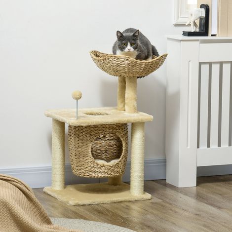 Arbre à chats griffoir sisal naturel 1 niche panier pompon peluche jacinthe d'eau 45 x 40 x 74 cm beige