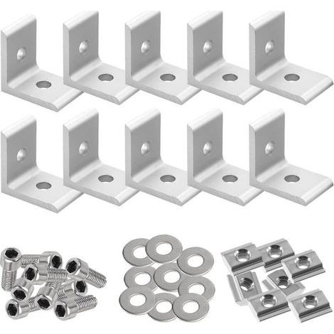 Lote de 10 piezas de escuadra de fijación metálica de 90 grados, soportes de ángulo de acero inoxidable de 40 x 40 mm, espaciadores para perfil de aluminio con 20 tornillos, para reparación de muebles (1/4)