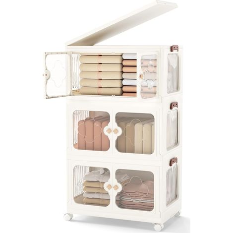 COSTWAY Boîte Rangement Plastique 159 L, 3 Caisses Pliables avec Couvercles, 4 Roulettes, Boite de Rangement Empilable pour Vêtement, Livres, Jouets, Poignée, Porte Magnétique, Montage Facile (159 L) (1/5)
