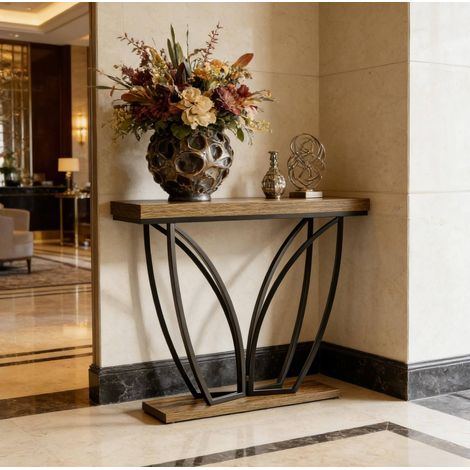 Tavolo consolle in MDF e metallo nero/marrone rustico 105 cm, stretto multifunzione con piedini regolabili (1/5)